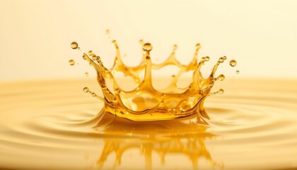 liquid splash, golden fluid, high-speed photography, crown shape, droplet impact, macro photography, vibrant orange, translucent, dynamic motion
