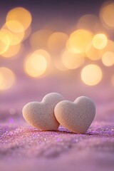 Fototapeta premium Two hearts, glitter, bokeh lights, romantic