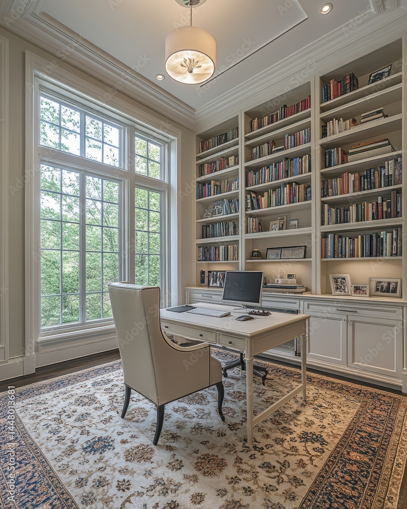Poster bright home office with elegant built in bookcase and large window creating a cozy and productive wo
