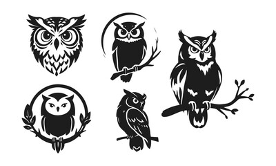 Owl logo set. Detailed drawing, strict look, symbol of wisdom, intelligence, protection, suitable for branding and design. Owl logo, tribal owl, vector owl, owl emblem