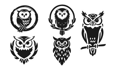 Owl logo set. Detailed drawing, strict look, symbol of wisdom, intelligence, protection, suitable for branding and design. Owl logo, tribal owl, vector owl, owl emblem