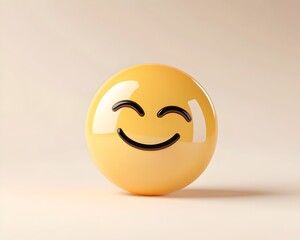 A cheerful, glossy yellow emoticon with upturned eyes and a wide smile, rendered in 3D against a pale background