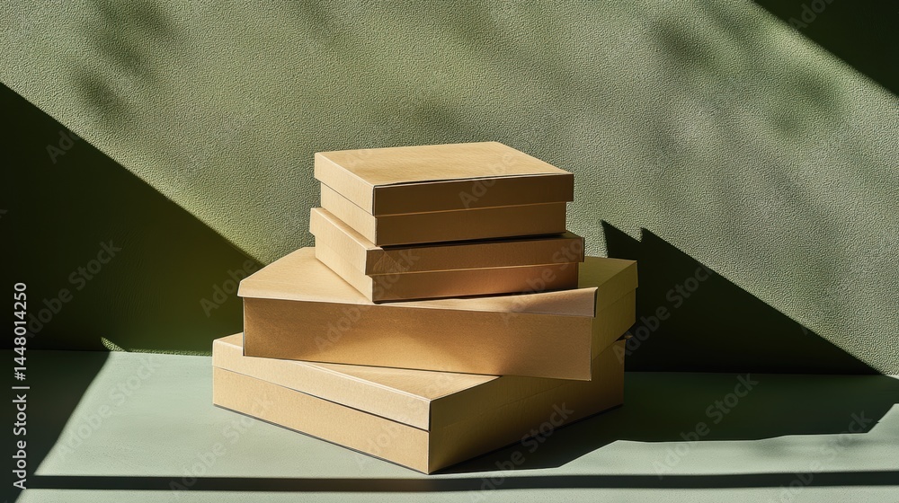 Poster stacked cardboard boxes on green background with sunlight casting shadows creating a minimalist aest