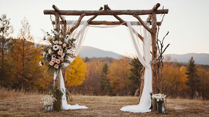 Obraz premium A beautiful wooden arch adorned with fresh flowers and greenery, perfect for weddings or special occasions