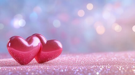 Obraz premium Two hearts on glitter, bokeh background