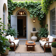 Small Vintage Courtyard with Outdoor Furniture, Soft Lighting, Lush Plants, and a Puppy on the Sofa, Accented by a Fountain, Chandelier, and Magazine-Topped Table
