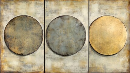 Three circular forms arranged in a neutral color palette.