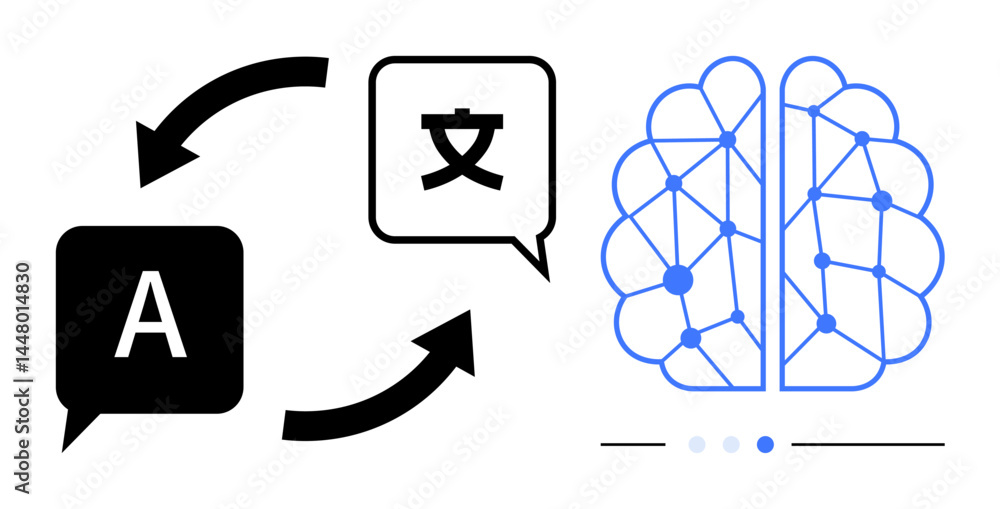 Poster speech bubbles with arrows representing text translation, next to a neural network brain design. ide
