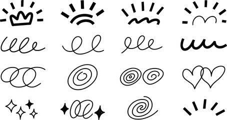 Set of hand drawn decorative elements in black and white design for embellishment