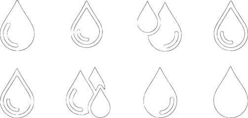 Outlined vector illustrations of various raindrop icons for design and decorative purposes