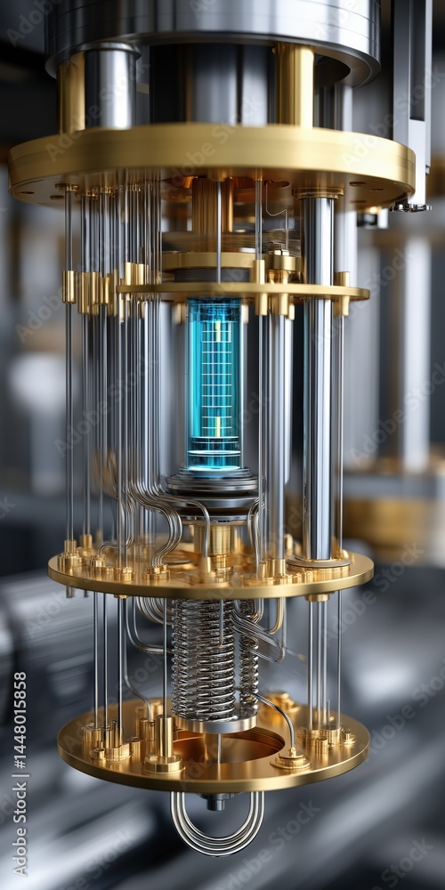 Poster a large, gold and silver object with a blue object inside. the object is made of metal and has a blu