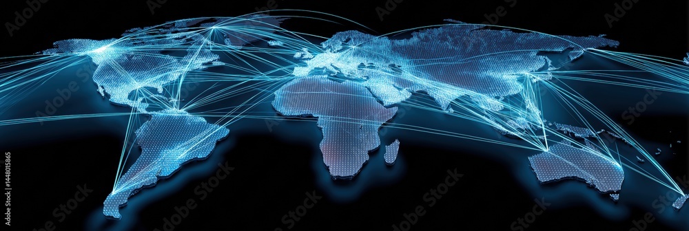Poster a blue and white globe with many lines and dots on it. the globe is surrounded by a black background