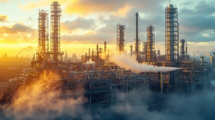 Obraz premium Steam escaping from pressure valve, massive petrochemical plant during optimal operation, complex lattice of steel frameworks supporting reaction chambers and fractionation towers 