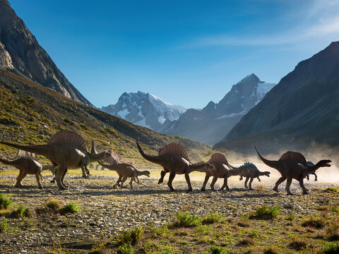 Generative AI Herd of Spinosaurus dinosaur from the Mid Jurassic