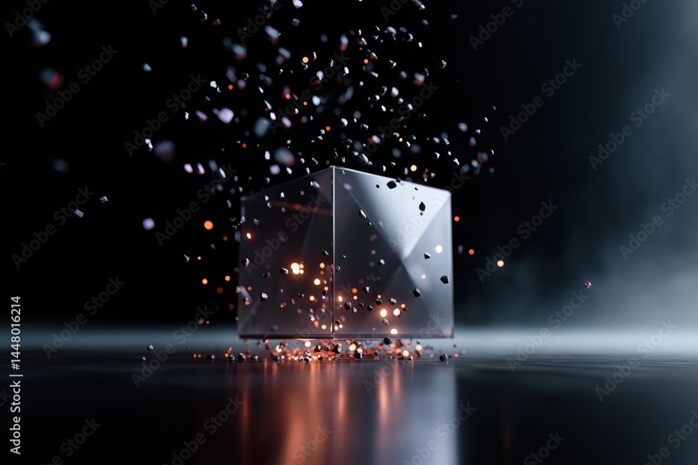 Poster a cube is shattered into pieces, with the shards scattered around it. the image has a dark and moody