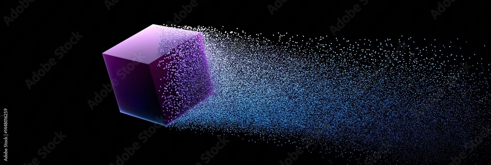 Poster a cube is shown in a blue and purple color with a lot of small dots surrounding it. concept of chaos