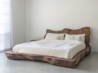 Minimalist bedroom interior featuring a modern wooden platform bed with a unique organic headboard design and soft white bedding in a bright airy space