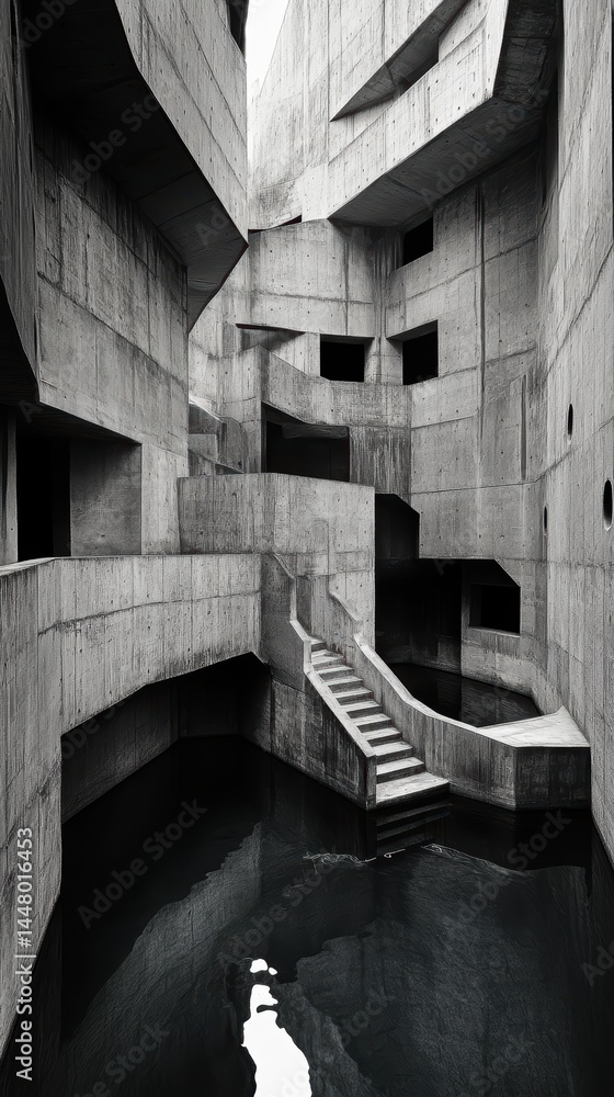 Poster concrete labyrinthine architecture with water reflection evoking brutalist design and geometric form
