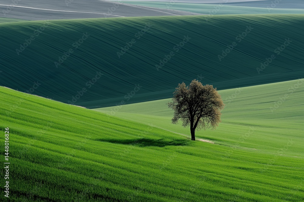 Poster a tree stands in a field of green grass. the tree is the only object in the image