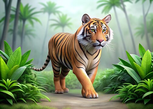 A magnificent striped Bengal tiger, a wild feline predator with orange fur, roams its jungle habitat