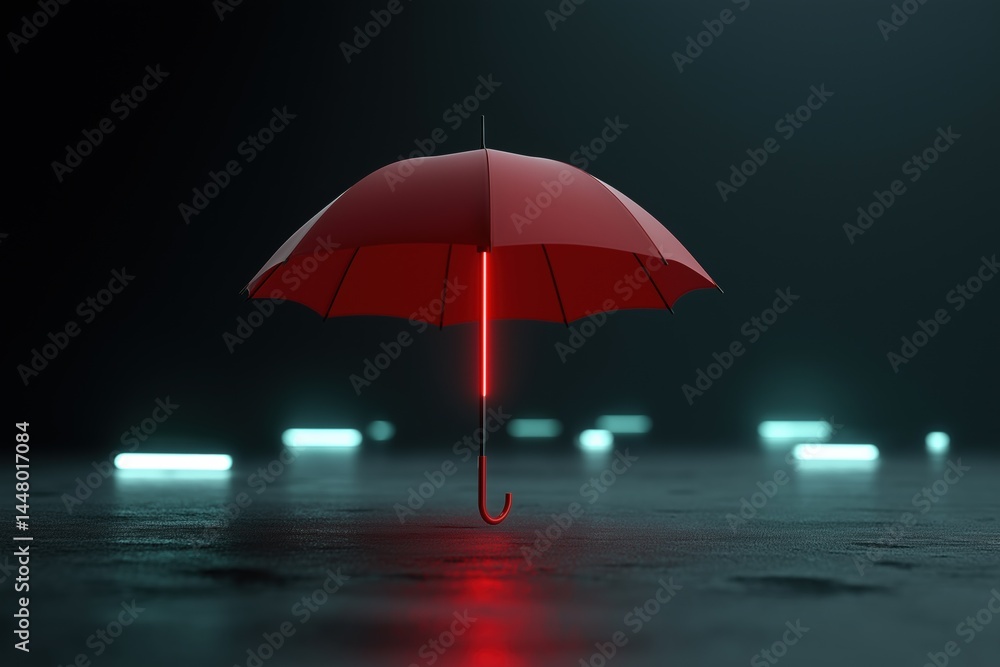 Poster a red umbrella is lit up with neon lights, creating a moody and mysterious atmosphere. the umbrella 