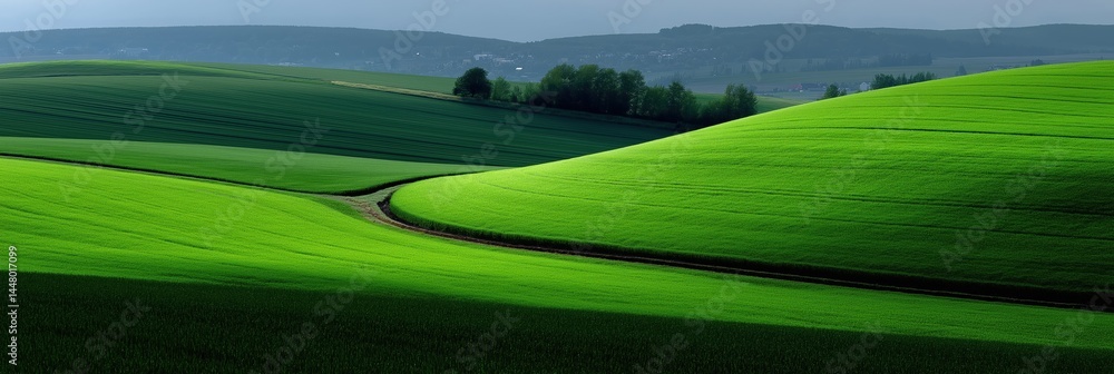 Poster a green field with a path running through it. the field is lush and green, and the sky is cloudy