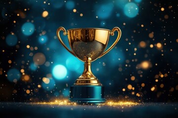Champion Trophy with Flames and Confetti on Blue Background - Golden Cup of Victory Celebration