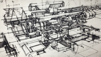 Obraz premium Industrial scene illustration of an old-fashioned factory in black and white