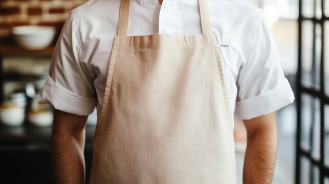 Chef in Modern Kitchen wearing Beige Linen Apron Mockup for Cooking Tasks