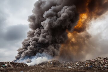 Fototapeta premium A significant amount of smoke billows into the sky from a burning landfill, highlighting environmental concerns during daylight hours Generative AI