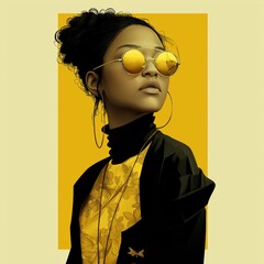 A woman wearing sunglasses and a yellow shirt. The woman is wearing a necklace and earrings