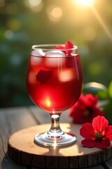 Refreshing Red Drink with Ice and Flower Petals on Wood