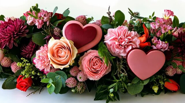 Vibrant floral heart arrangement progression with roses and greenery