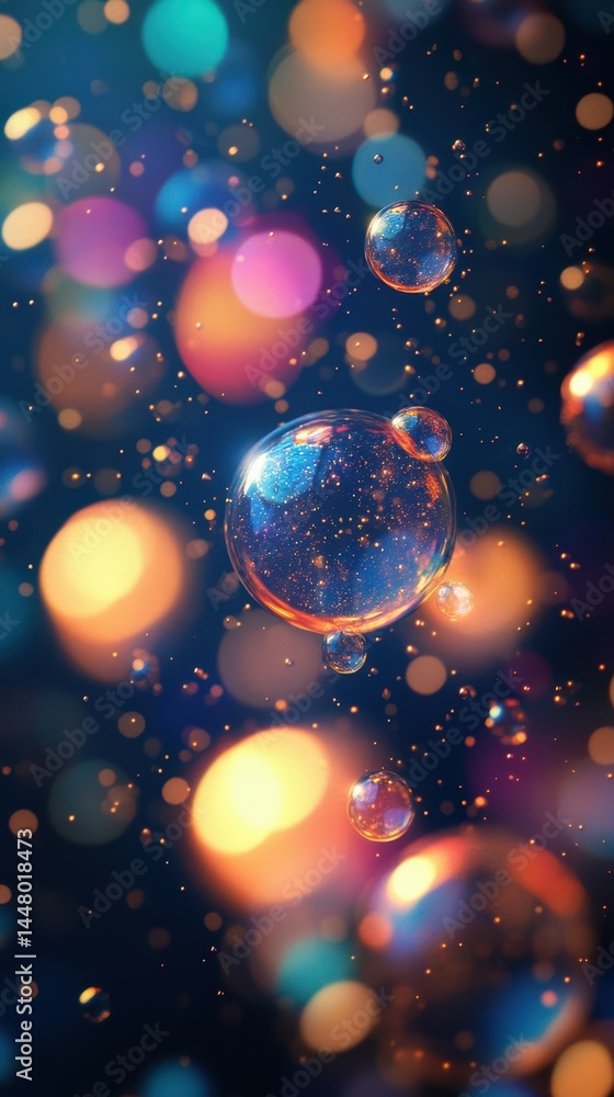 Poster floating bubbles surrounded by colorful lights create a dreamy atmosphere in the dark background at 