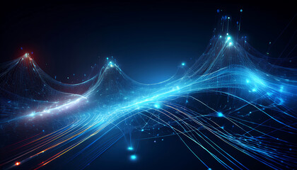 Abstract Digital Wave with Glowing Dots and Lines - Futuristic Data Flow and Technology Background in Purple and Orange Tones