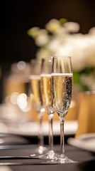 Elegant champagne flutes filled with sparkling wine arranged on a table for a celebration event capturing a festive mood with a luxurious feel and bokeh background