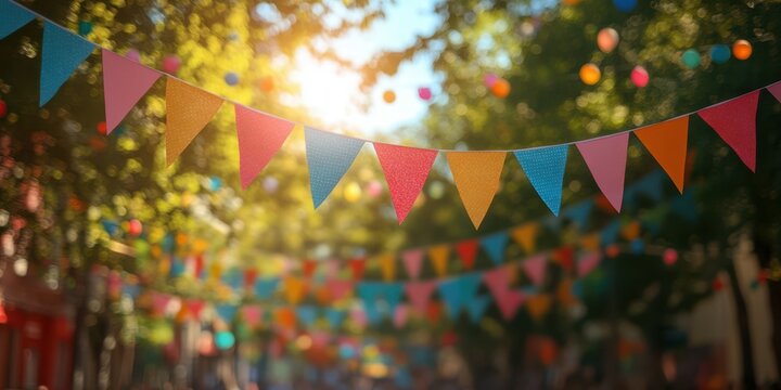 Colorful bunting decorations adorn a sunny street during a festive celebration in the afternoon