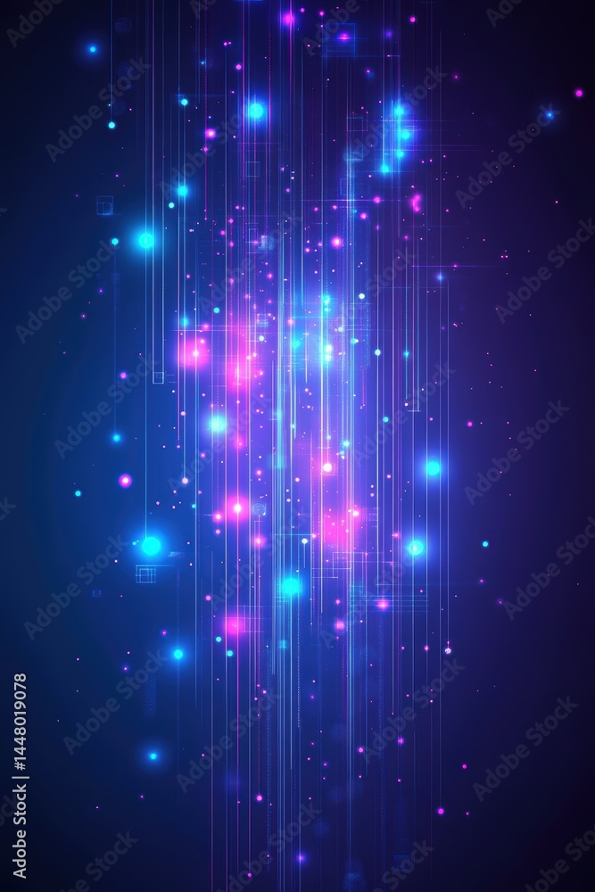 Poster abstract digital network background with glowing particles and lines in blue and pink colors creatin
