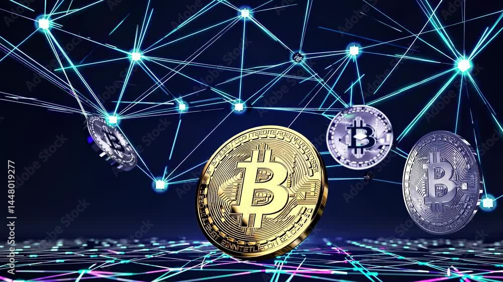 Poster dynamic video of bitcoin coins floating in a digital network, captured from a low-angle, showcasing 