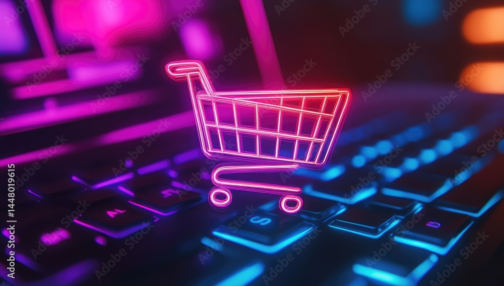 Poster neon shopping cart on illuminated computer keyboard