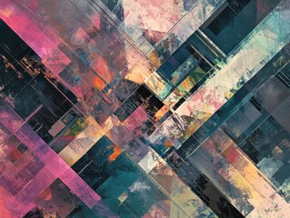Abstract composition of geometric shapes in pink, blue, and orange hues, creating a modern and dynamic visual texture, suitable for backgrounds and digital art projects.
