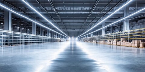 Interior of Warehouse Building with LED Lighting, Part of Retail Distribution Storage and Shipping System