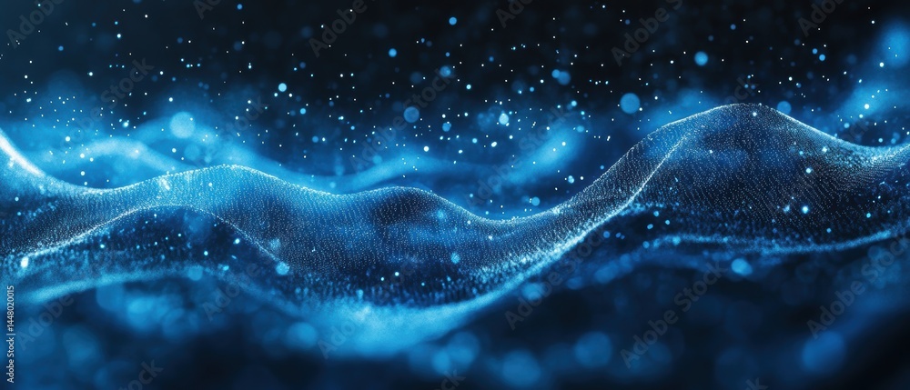 Poster abstract blue wave of glowing particles flowing in a dark space digital art futuristic concept elega