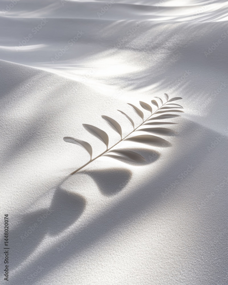 Poster serene monochrome scene of a delicate leaf on a textured white surface with soft shadows creating a 