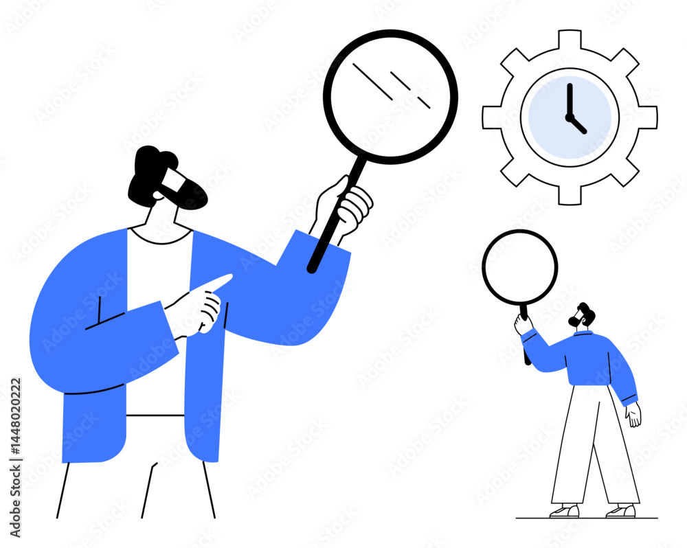 Poster man examining with magnifying glass, gear with clock emphasizing analysis, focus, precision, problem