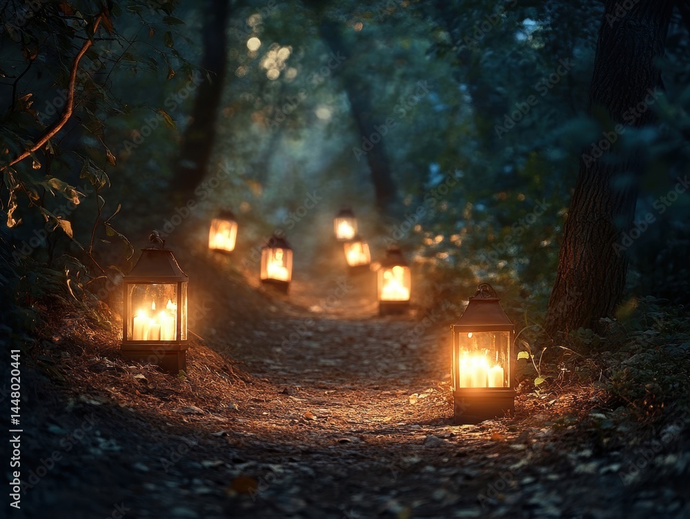 Poster enchanting forest path illuminated by glowing lanterns casting warm light through the dark woods cre