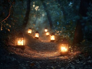 Enchanting forest path illuminated by glowing lanterns casting warm light through the dark woods creating a magical atmosphere with a sense of mystery and adventure