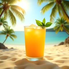 Obraz premium Refreshing Drink on Sandy Beach with Palm Trees and Blue Sea