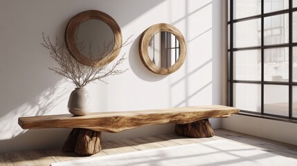 Minimalistic wabi sabi interior design: asymmetric mirror and wooden frame on wall in rustic setting with a bench