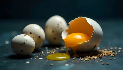 broken eggshell with yellow yolk near eggs in carton box